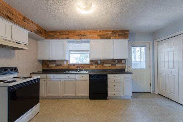 kitchen with electric range, dishwasher, white cabinets, and a healthy amount of sunlight