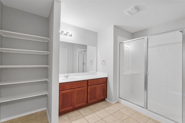 bathroom with vanity, an enclosed shower, and tile patterned floors