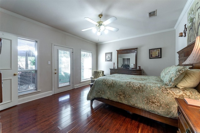 bedroom with access to outside, ceiling fan, ornamental molding, and dark hardwood / wood-style floors