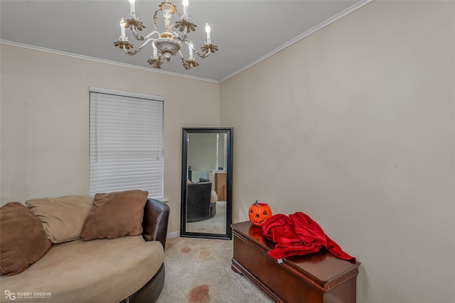 carpeted living room with ornamental molding and a chandelier