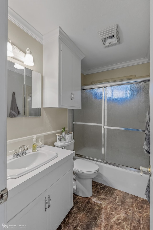 full bathroom featuring crown molding, shower / bath combination with glass door, vanity, and toilet