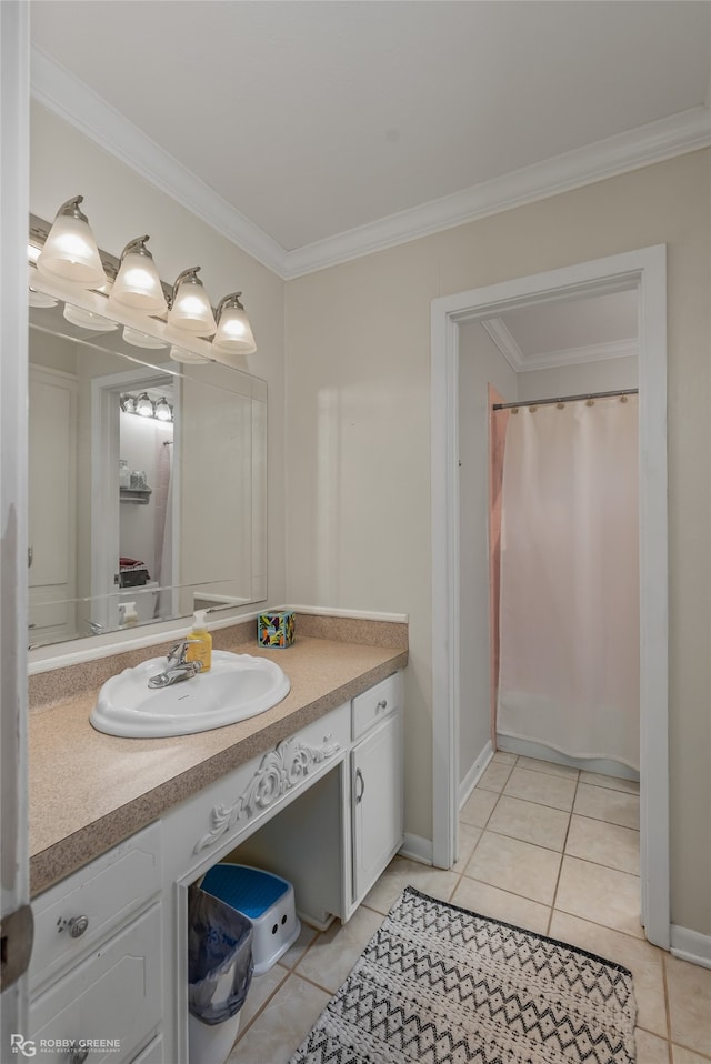 bathroom with ornamental molding, tile patterned flooring, vanity, and a shower with curtain