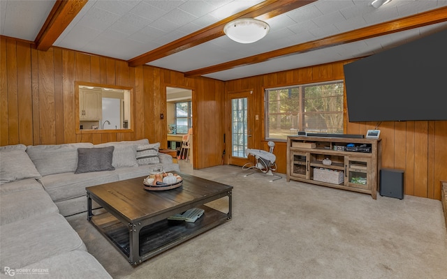 carpeted living room with wood walls and beamed ceiling