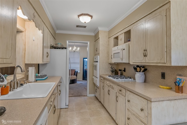 kitchen with light tile patterned flooring, white appliances, backsplash, sink, and ornamental molding