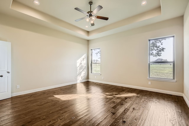 unfurnished room featuring a tray ceiling, plenty of natural light, and dark hardwood / wood-style flooring