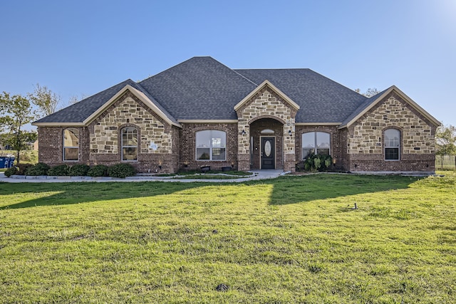 french country style house featuring a front lawn