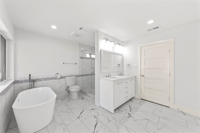 full bathroom featuring vanity, independent shower and bath, tile walls, and toilet