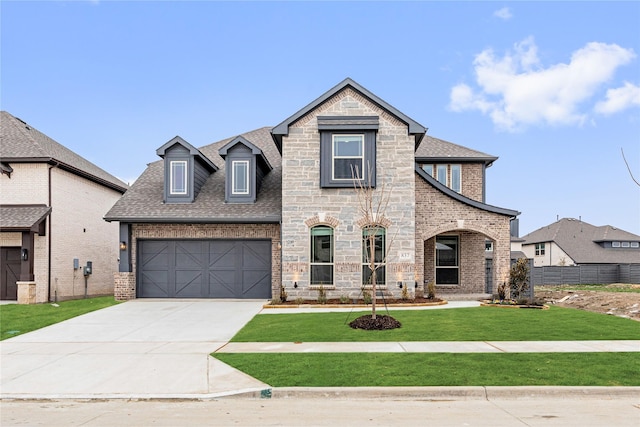 french country home with a garage and a front yard