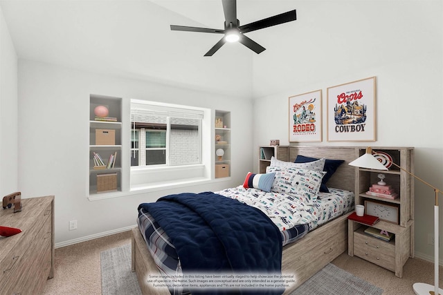 bedroom with light carpet, vaulted ceiling, and ceiling fan