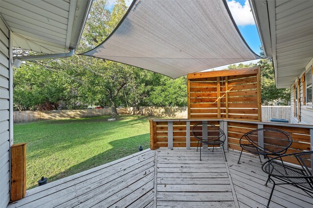 wooden deck with a lawn and a fenced backyard