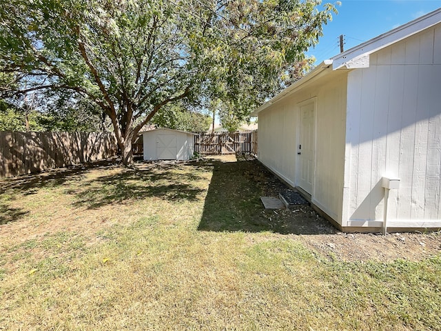 view of yard featuring a storage unit