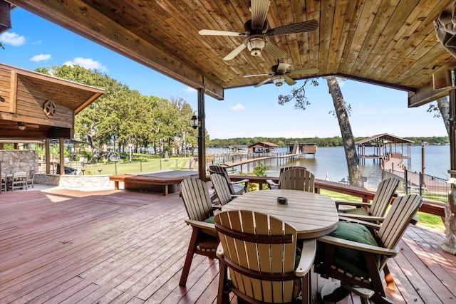 wooden terrace with a ceiling fan, a dock, a water view, and boat lift