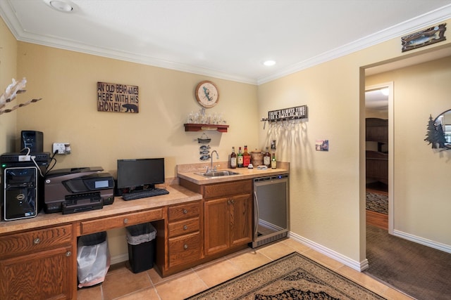 tiled office featuring ornamental molding, beverage cooler, and indoor wet bar