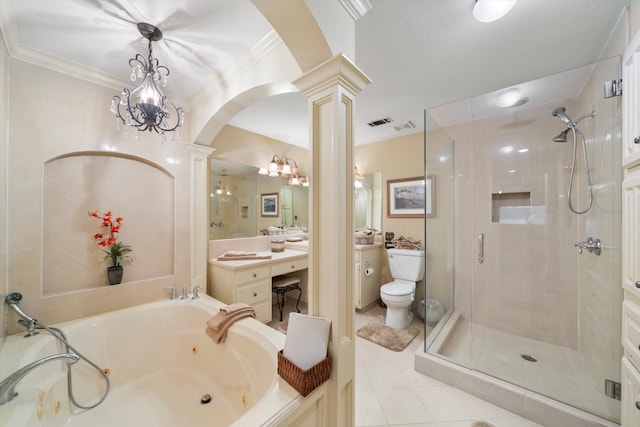 full bathroom featuring tile patterned flooring, decorative columns, vanity, plus walk in shower, and toilet