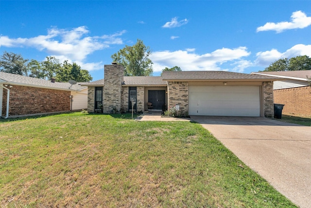 ranch-style house with a front lawn, brick siding, a garage, a chimney, and concrete driveway