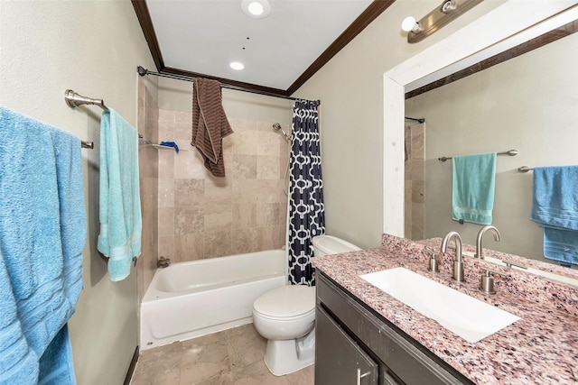 full bathroom featuring crown molding, vanity, shower / tub combo with curtain, and toilet