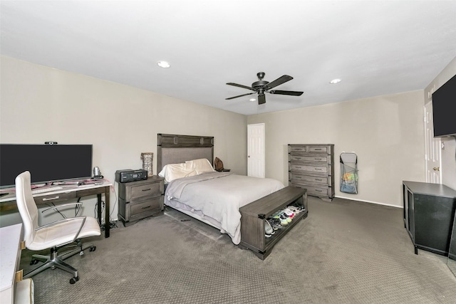 bedroom with recessed lighting, carpet flooring, and a ceiling fan