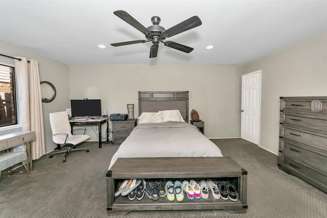 bedroom featuring recessed lighting, a ceiling fan, and dark carpet