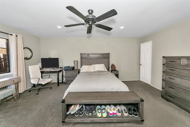 carpeted bedroom featuring ceiling fan