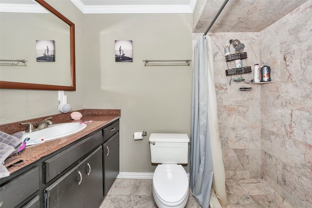 bathroom featuring toilet, vanity, ornamental molding, and a shower with shower curtain