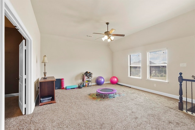 playroom featuring carpet flooring, vaulted ceiling, and ceiling fan