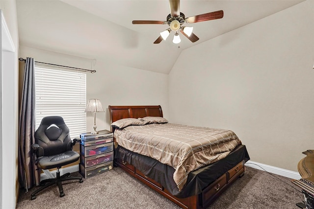 bedroom with ceiling fan, lofted ceiling, and light colored carpet