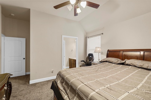 carpeted bedroom featuring ceiling fan, lofted ceiling, and ensuite bathroom