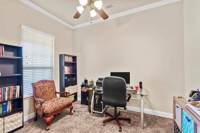 home office featuring ornamental molding, carpet, and ceiling fan