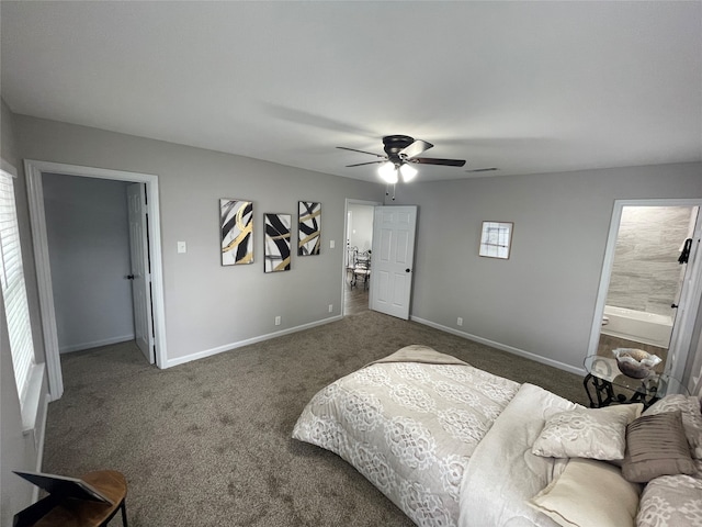 bedroom featuring dark colored carpet, ceiling fan, and multiple windows