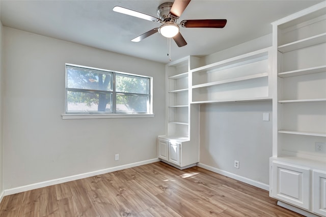 interior space with ceiling fan and light wood-type flooring