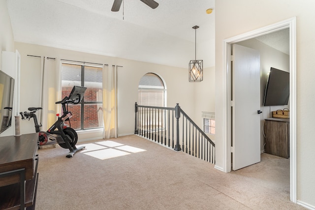 workout room featuring a textured ceiling, carpet flooring, and ceiling fan