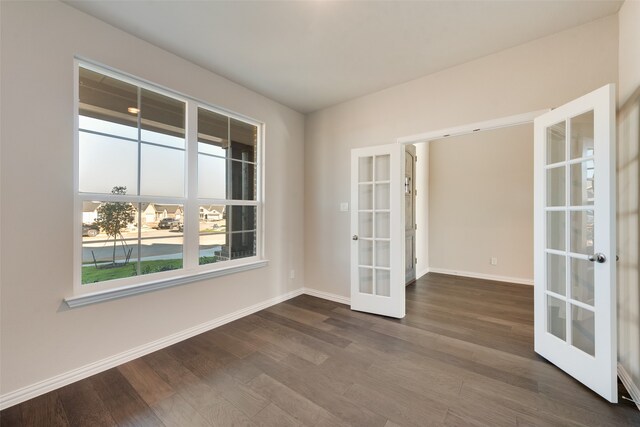 spare room featuring a wealth of natural light, french doors, and dark wood-type flooring