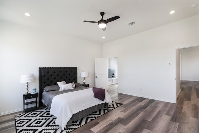 bedroom with dark wood-type flooring and ceiling fan