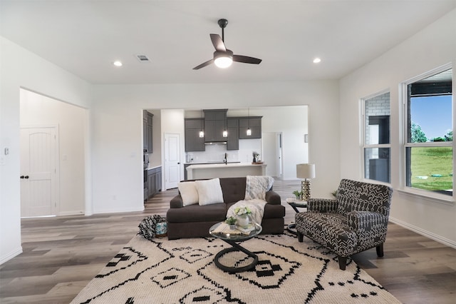 living room featuring hardwood / wood-style floors and ceiling fan