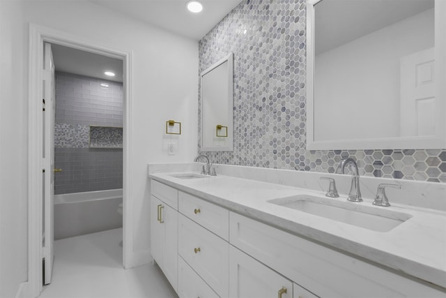 full bathroom featuring vanity, plus walk in shower, backsplash, and toilet