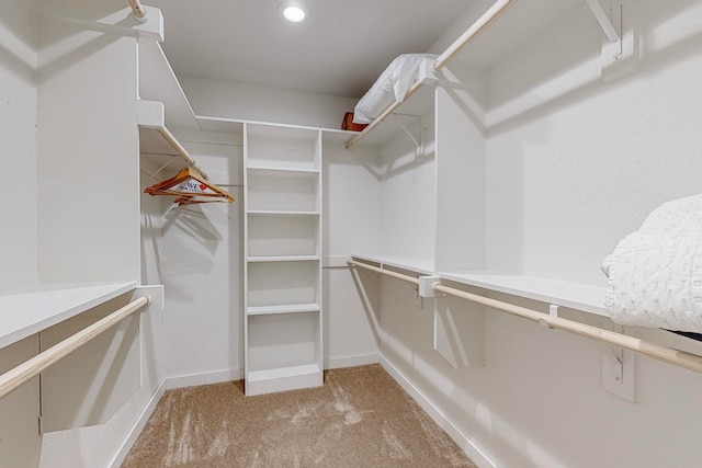 walk in closet featuring light carpet