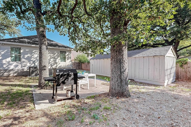 view of yard featuring a shed and a patio area