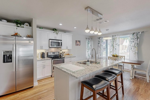 kitchen with white cabinets, appliances with stainless steel finishes, a kitchen island with sink, and sink