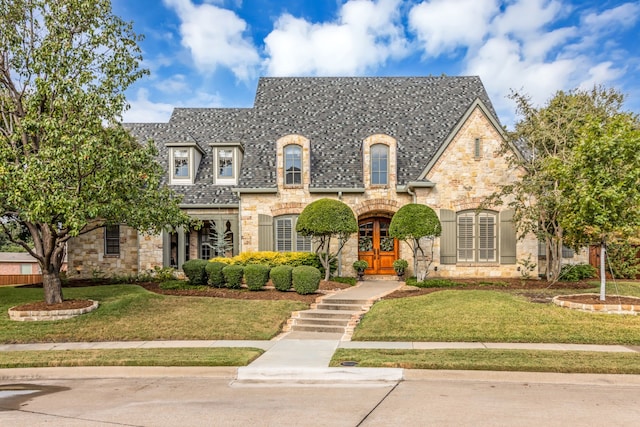 french country home featuring a front lawn