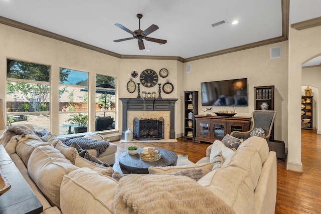 living room with a fireplace, dark wood-type flooring, and a healthy amount of sunlight