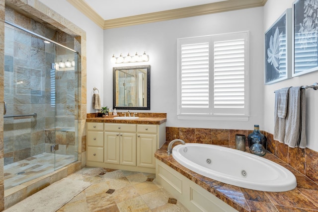 bathroom with crown molding, separate shower and tub, and vanity