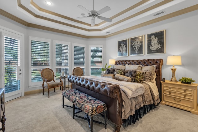 bedroom with crown molding, access to exterior, light colored carpet, and ceiling fan