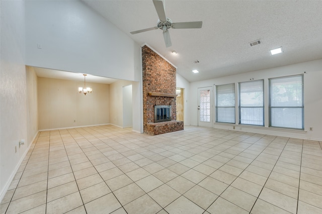 unfurnished living room featuring a brick fireplace, high vaulted ceiling, ceiling fan with notable chandelier, light tile patterned floors, and a textured ceiling