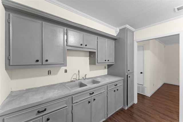 kitchen with ornamental molding, sink, and gray cabinetry