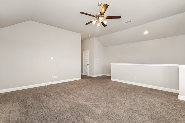 bonus room featuring carpet floors, lofted ceiling, and ceiling fan