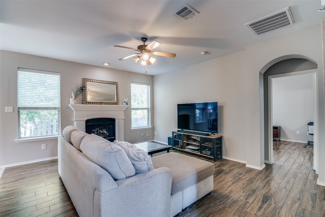 living room with ceiling fan, a wealth of natural light, and dark hardwood / wood-style floors