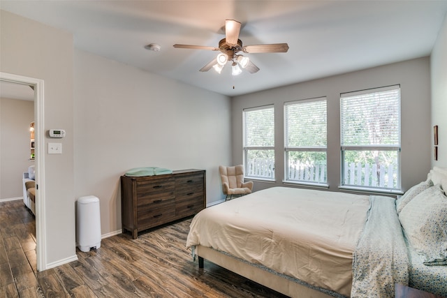 bedroom with dark wood-type flooring, multiple windows, and ceiling fan