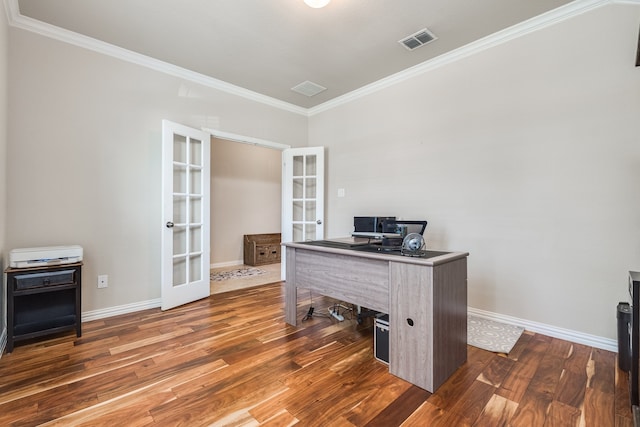 office featuring wood-type flooring, french doors, and ornamental molding