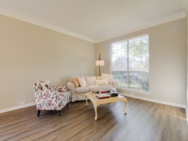 living room with ornamental molding and dark wood-type flooring