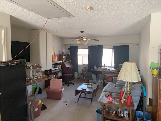 carpeted living room with attic access, a ceiling fan, and a textured ceiling